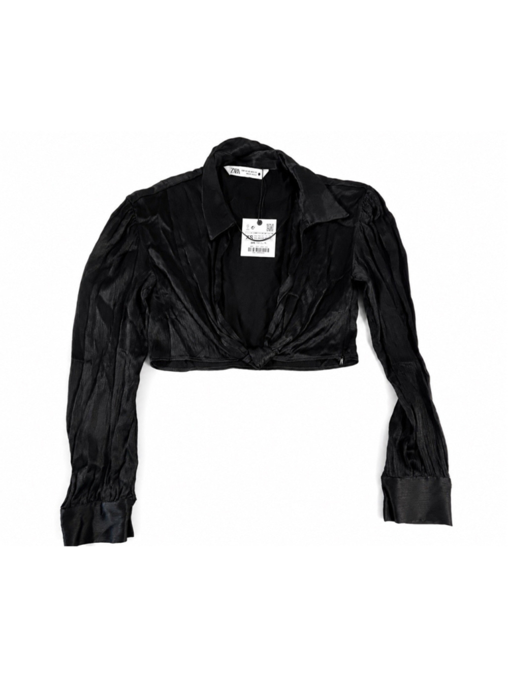 Zara Women’s XS Black Satin Tie Front Cropped Blouse Long Sleeve NWT